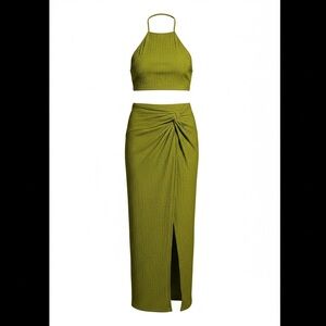 SHEIN Curve 0XL Green Textured Two Piece Set Halter Top & Wrap Maxi Skirt